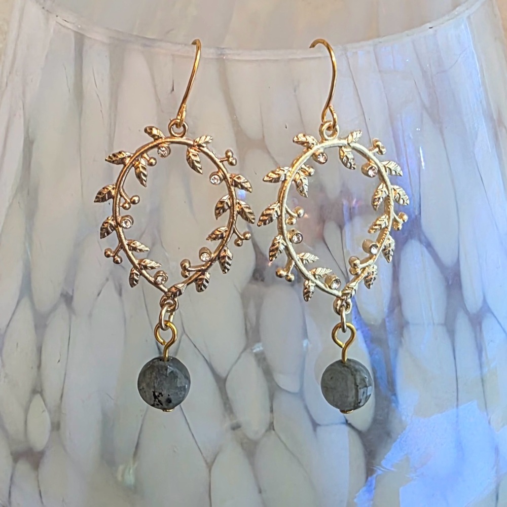 Hand Crafted Gold Vine Earrings with Labradorite